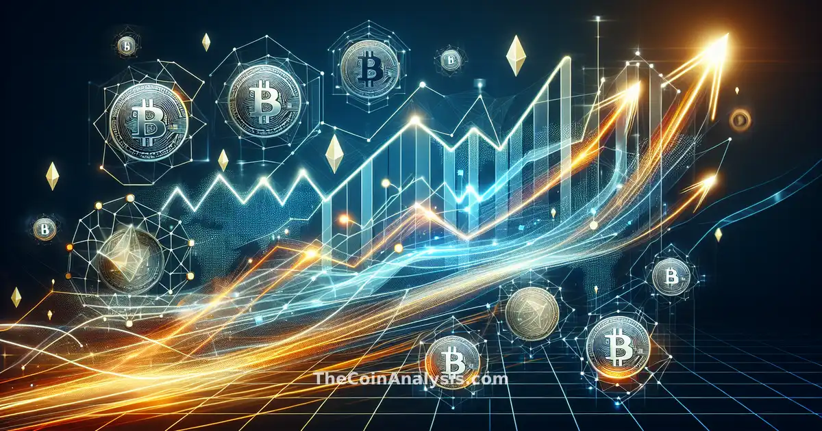 Abstract digital coins and geometric shapes with upward graphs and dynamic lines symbolizing fast crypto trading.