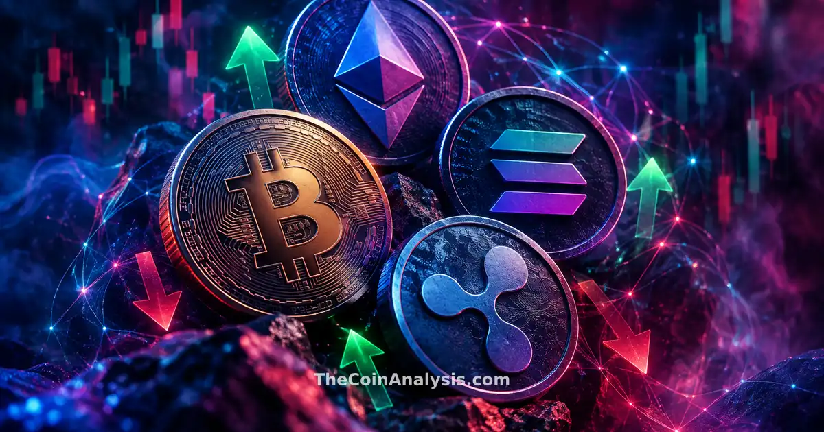 Four stylized cryptocurrency tokens intertwined with green upward and red downward arrows against a smoky, glowing network background