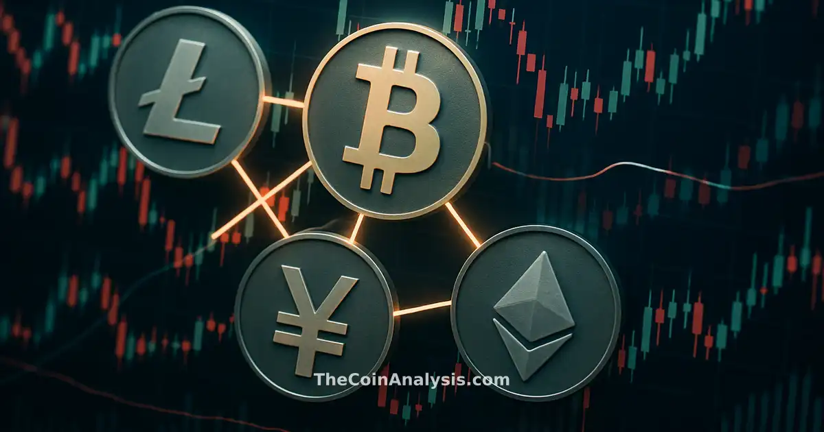 Stylized digital coins linked with ascending stock charts on a dark background symbolizing financial reform.