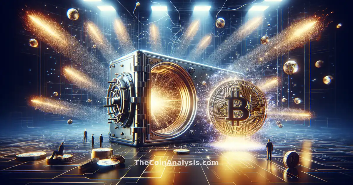 Digital vault cracking under glowing quantum code as a shattered Bitcoin coin glows amid abstract data streams.