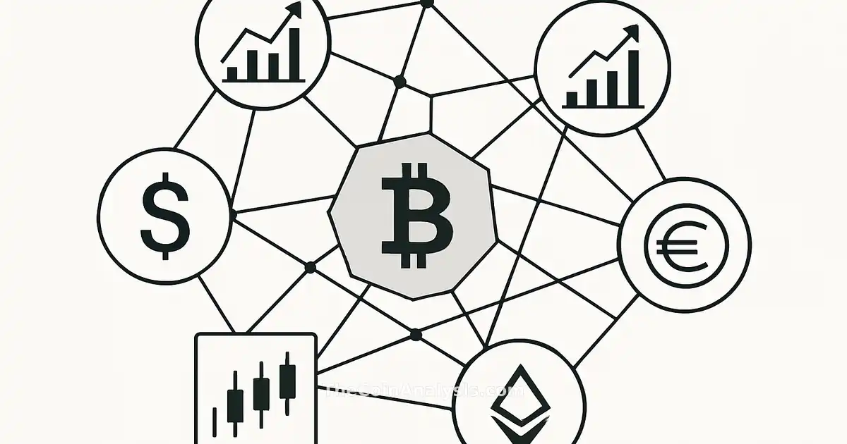 Abstract blockchain network connecting stock market icons and digital coins with clean lines on white background