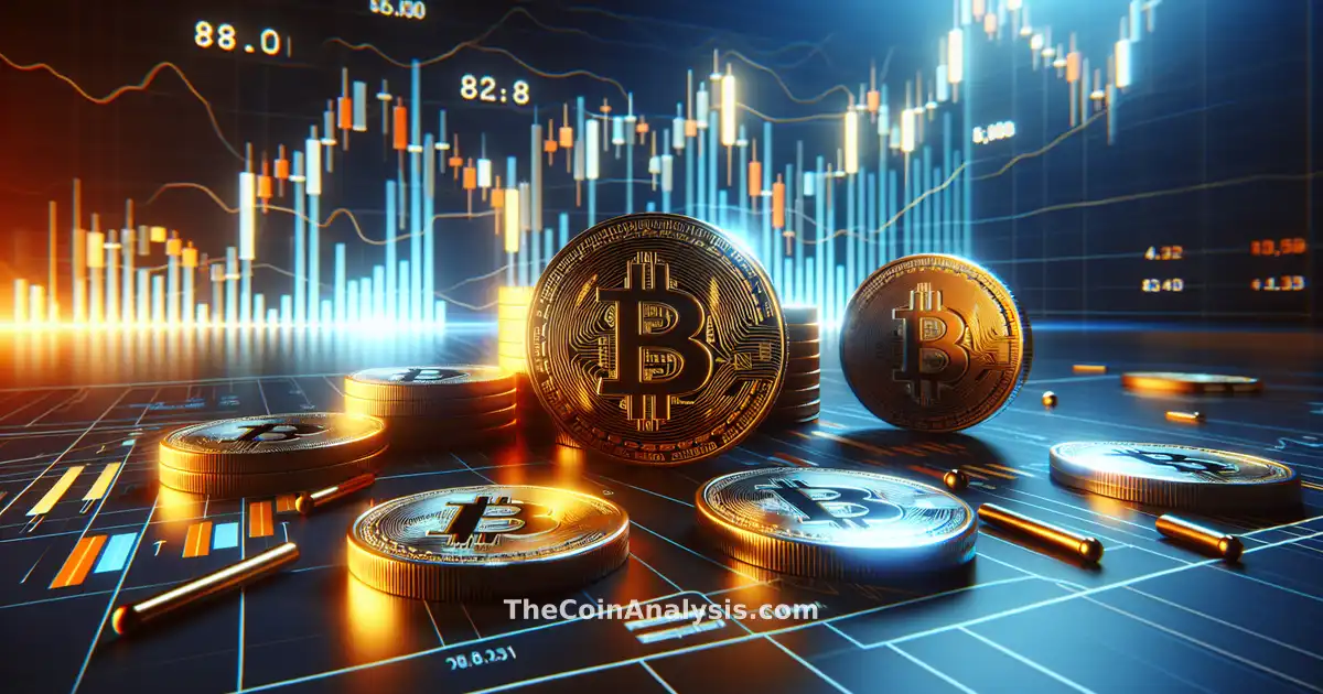 3D glossy Bitcoin coins overlaid on dynamic candlestick trading chart with cinematic lighting and dramatic fintech style