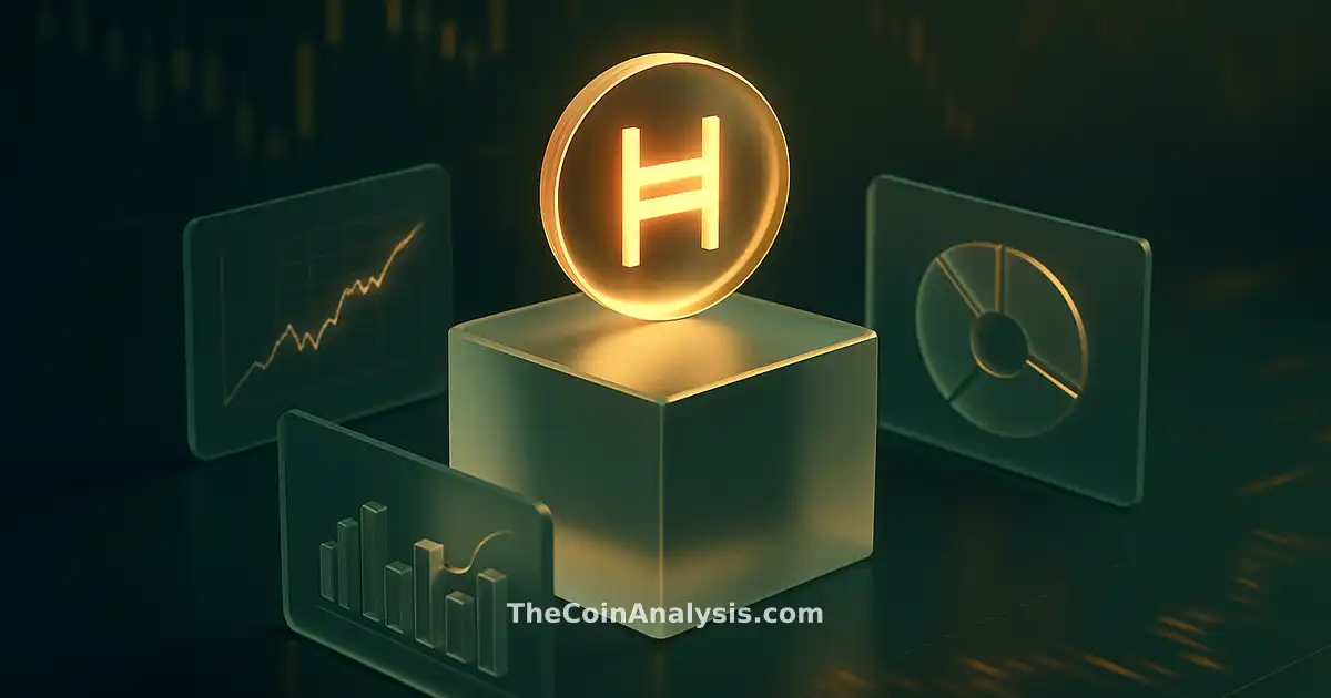 Isometric fintech dashboard with glowing Hedera token glyph on translucent pedestal, surrounded by holographic panels