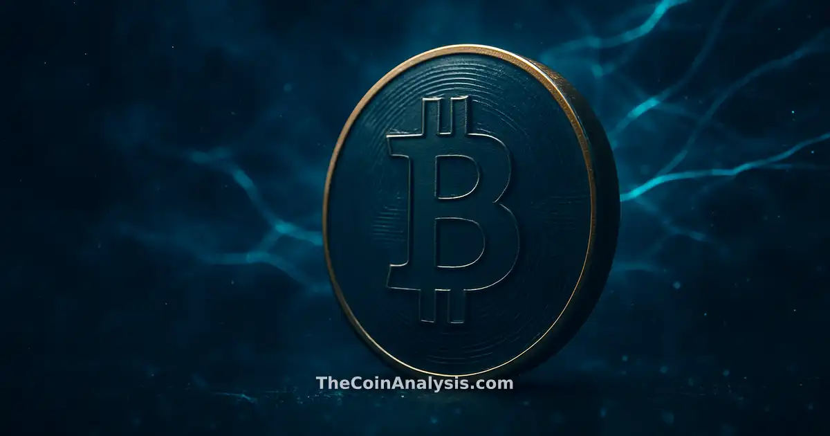 Stylized metallic Bitcoin coin with golden rim light against deep navy background and glowing electric teal filaments