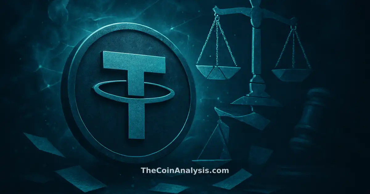 Stylized Tether symbol amid glowing network filaments, fragmented scales of justice, translucent gavel, and floating documents.