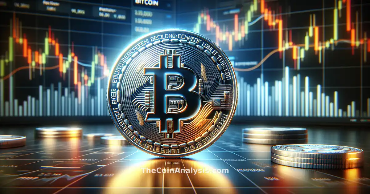 3D glossy Bitcoin coin with rim lighting in front of a sharp, photorealistic candlestick trading chart background