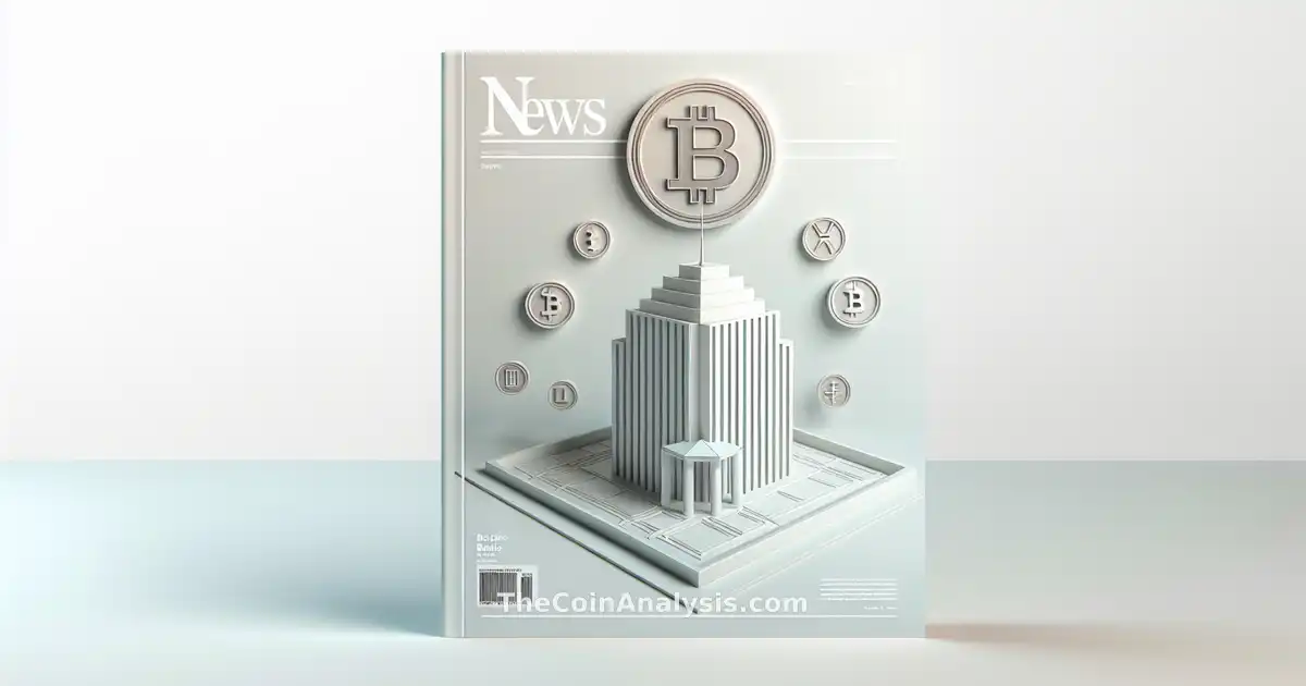 Coinbase logo atop minimalist bank building with digital currency icons on clean white background.