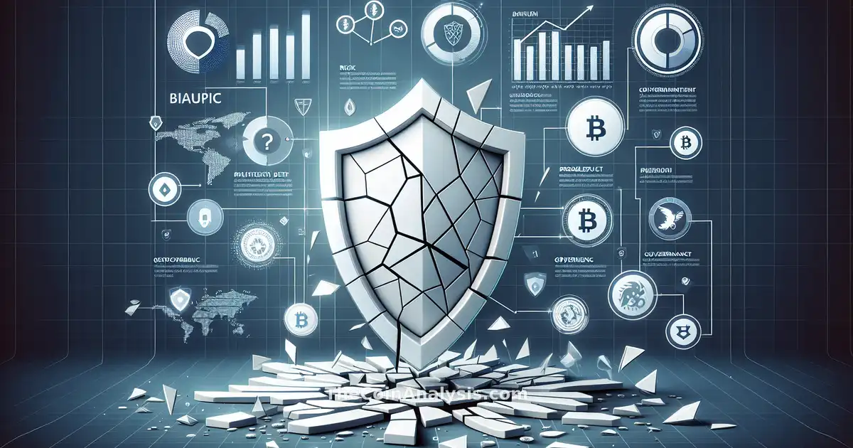 Modern infographic with a shattered shield, fragmented data charts, and floating cryptocurrency icons symbolizing conflict.