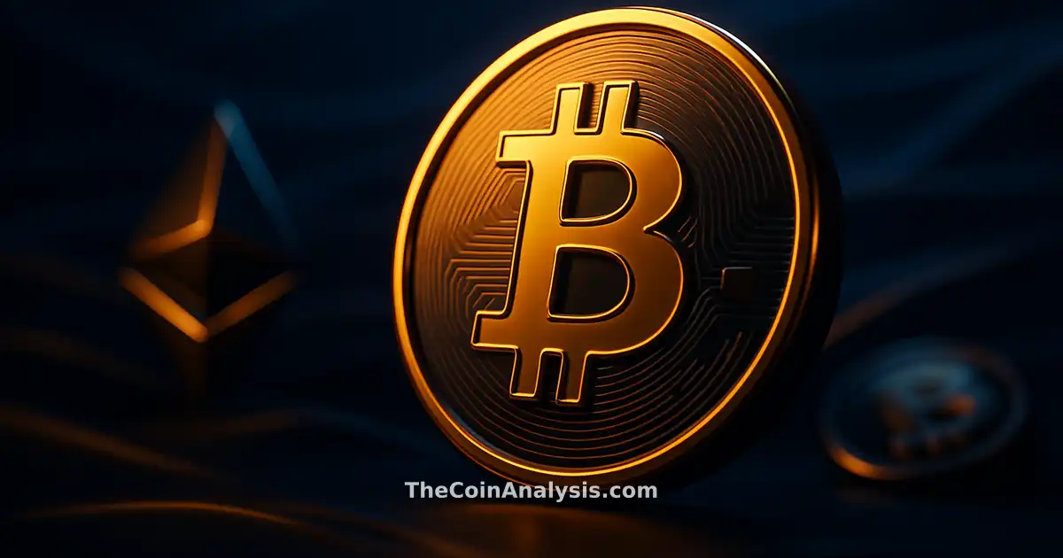 Stylized golden Bitcoin coin with glowing rim light amid abstract amber waves on deep navy background