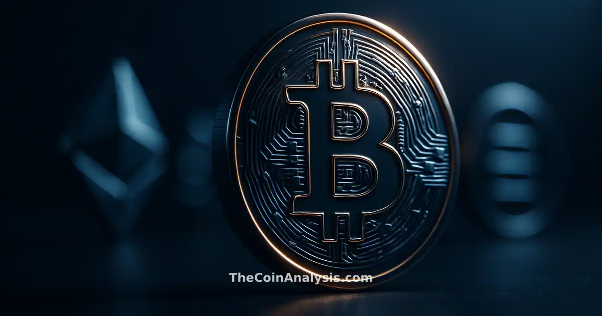 Glossy 3D Bitcoin coin with golden rim lighting and quantum-inspired details on deep navy backdrop.
