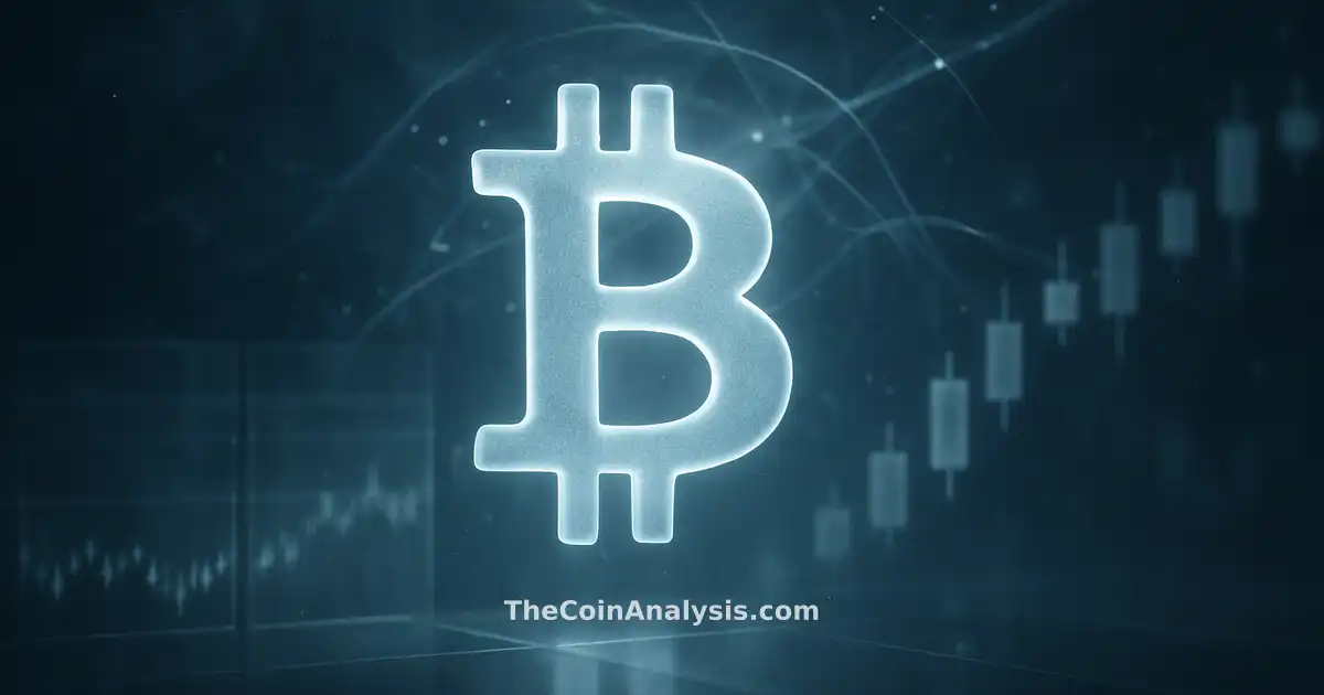 Stylized glowing Bitcoin symbol amid frosted glass ticker panels and translucent candlestick charts with smoky light particles