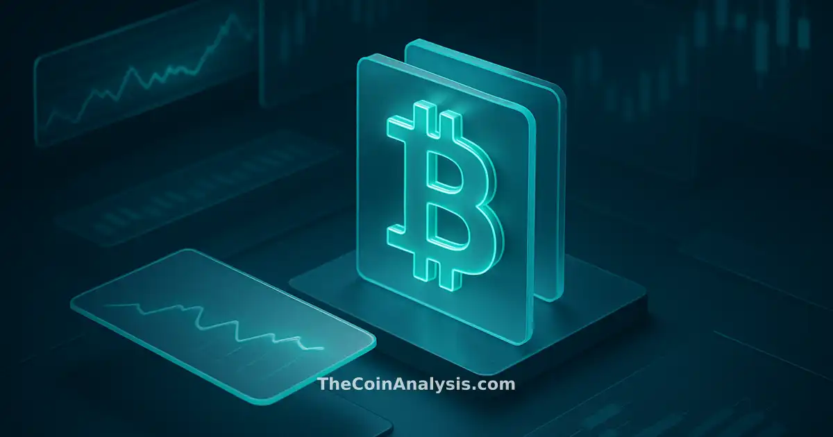 Isometric digital illustration of a stylized Bitcoin symbol amid frosted glass panels and holographic trading charts