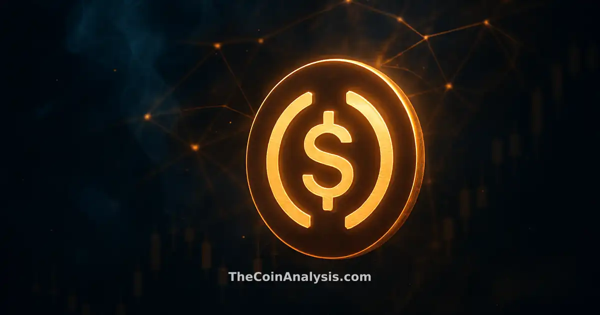 Luminous stylized USD Coin token with glowing network filaments and faint market candle silhouettes on dark background