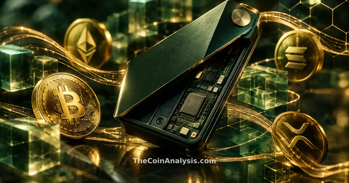 Stylized open hardware crypto wallet with exposed circuits, flowing golden data ribbons, and hex grid patterns