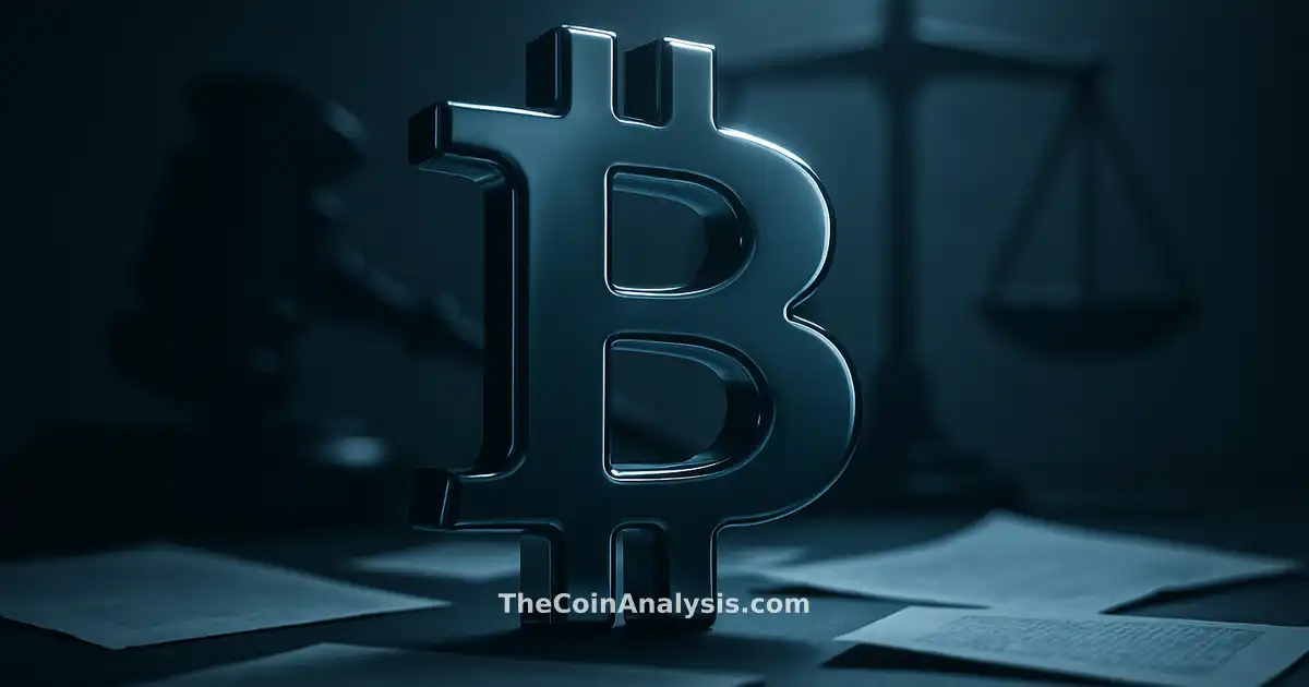 3D glossy Bitcoin symbol with abstract gavel and scales of justice, dark backdrop, and scattered documents