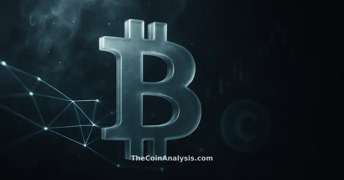 Translucent Bitcoin symbol with glowing network filaments, smoke, light particles, and shadowy market candles in slate grey.