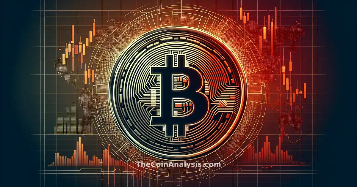 Stylized Bitcoin coin overlaid on fluctuating global financial charts with bold colors depicting market volatility