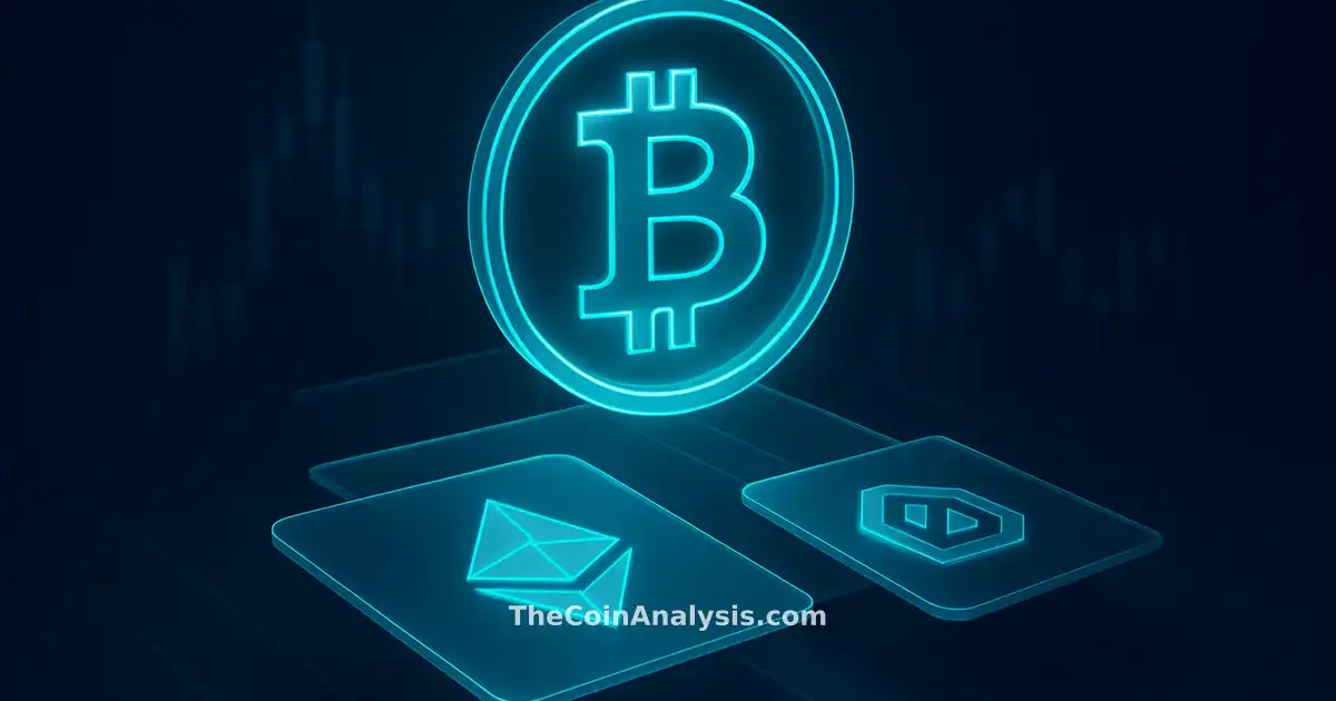 Stylized glowing Bitcoin symbol hovering above translucent DeFi tokens with faint market candles in background.