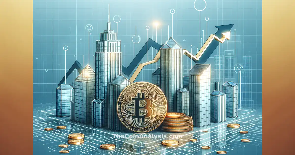 Glassmorphism card with digital Bitcoins, rising graph, and corporate skyscrapers representing crypto growth.