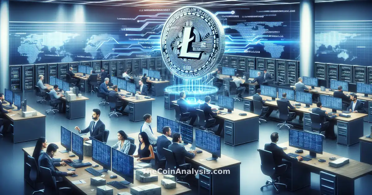 Digital Litecoin coin overlaid with urgent red graphics, blockchain code, and server racks in a newsroom setting.