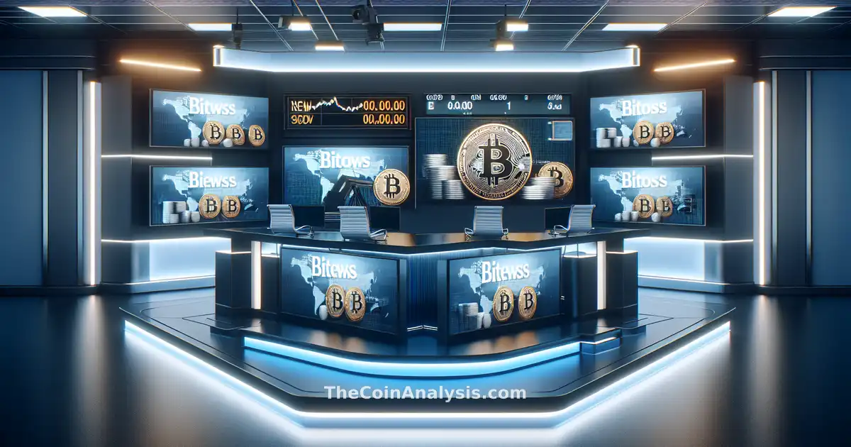 Newsroom set with Bitcoin coins, Morgan Stanley logo on screens, and stock market ticker scrolling in background.