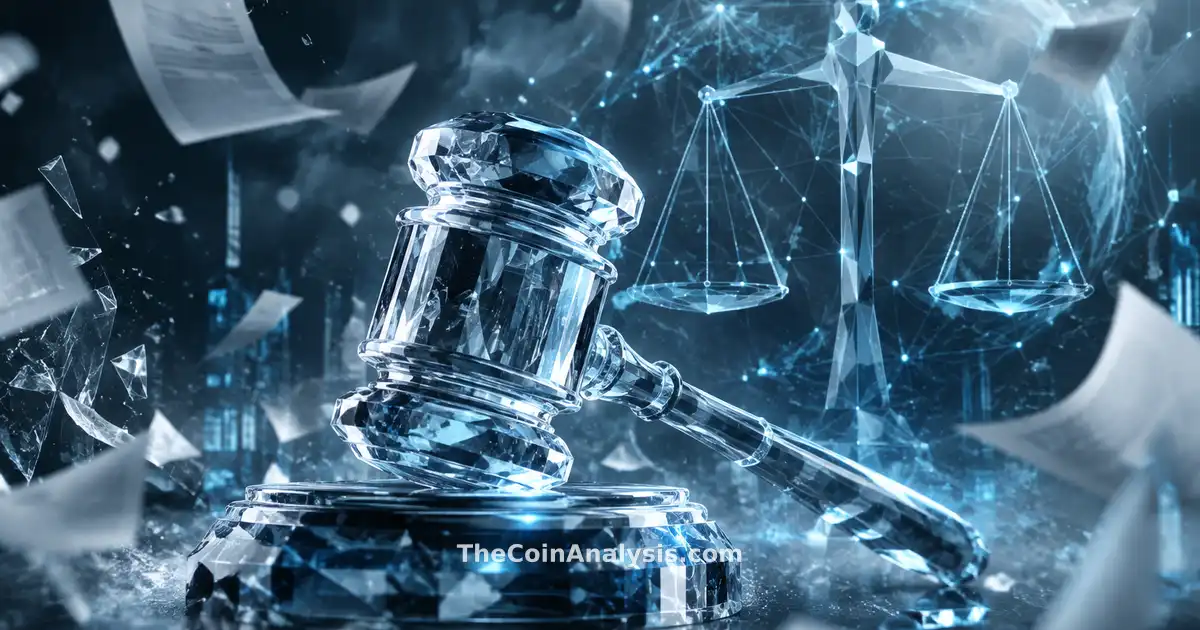 Stylized crystal gavel with abstract geometric scales, fragmented documents, and glowing network filaments in slate grey and ice blue tones