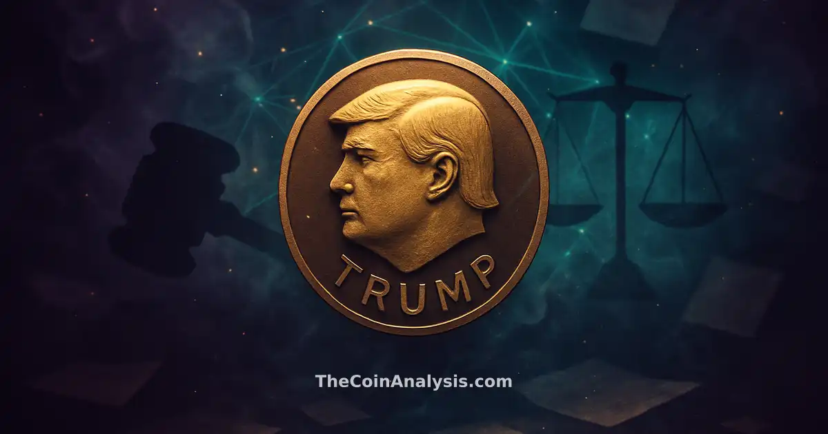 Stylized TRUMP token with abstract gavel and scales amid glowing network filaments and scattered document fragments.