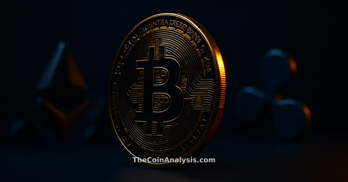 Heroically lit 3D Bitcoin coin with golden rim light on deep navy background, sharp rim lighting and soft shadows.