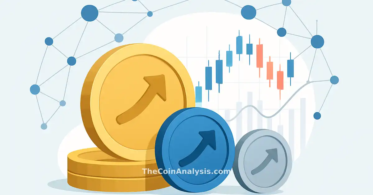 Abstract infographic with digital coins, stock market charts, and interconnected network nodes symbolizing tokenized stocks.