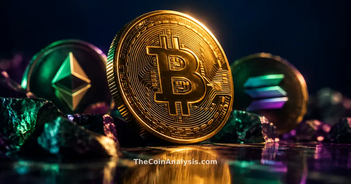 Glossy 3D golden Bitcoin coin with sharp rim light against dark navy backdrop with emerald and plum reflections