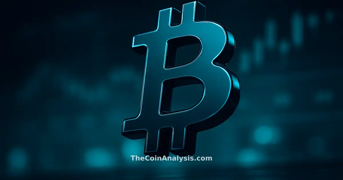 Glossy 3D Bitcoin symbol illuminated by sharp teal rim light against dark abstract trading floor with frosted tickers.