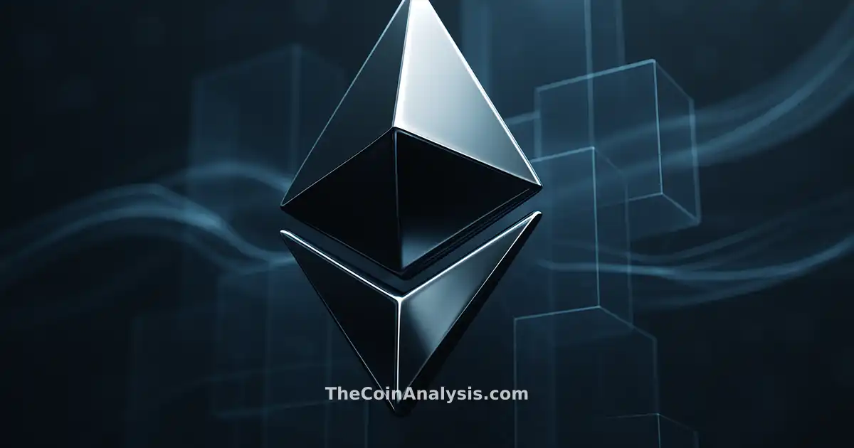 3D glossy Ethereum symbol with interlocking translucent blocks, hex grid, and flowing data ribbons on slate grey background