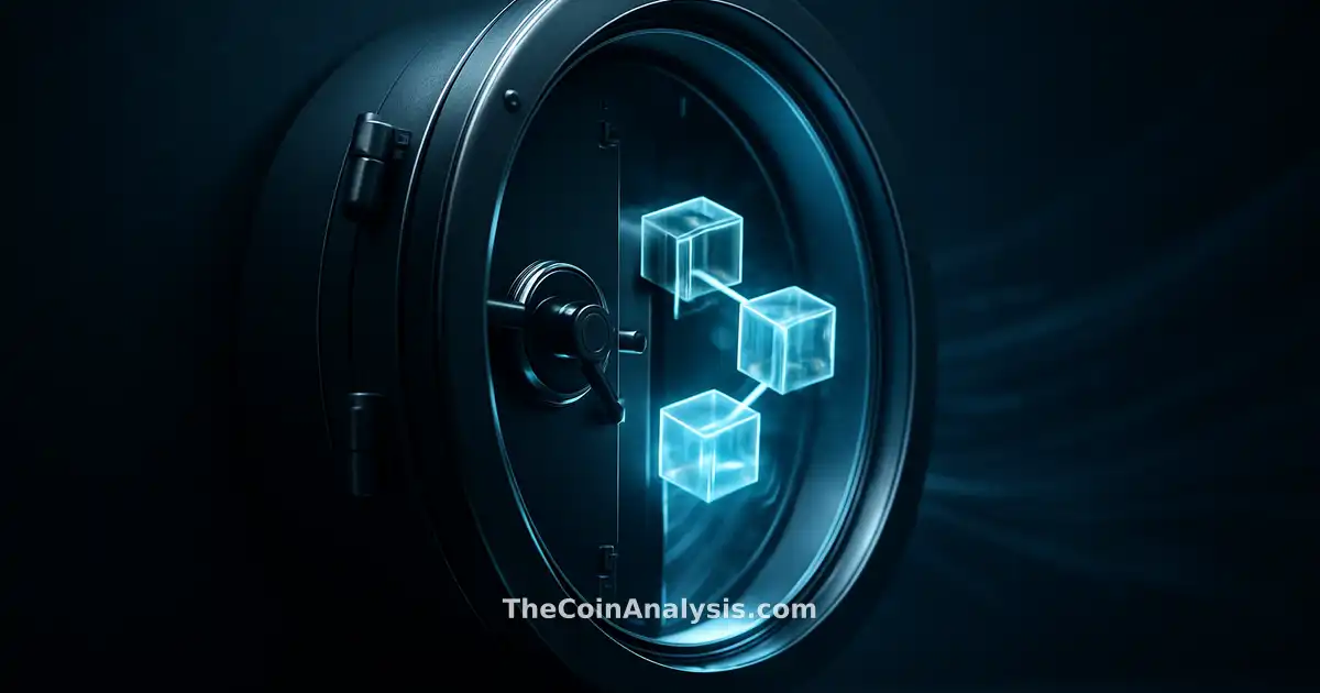 Sleek bank vault door ajar revealing glowing translucent blockchain blocks with hex grid and data ribbons.