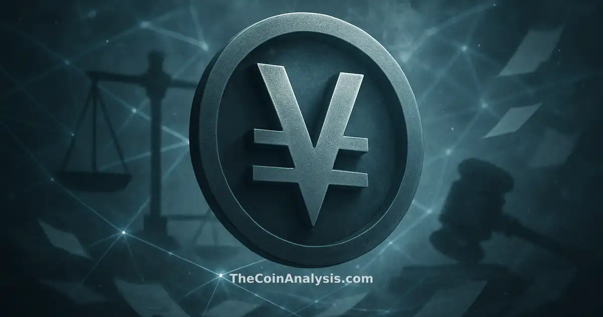 Stylized virtual currency symbol with abstract gavel, geometric scales, and swirling fragmented documents in smoky light