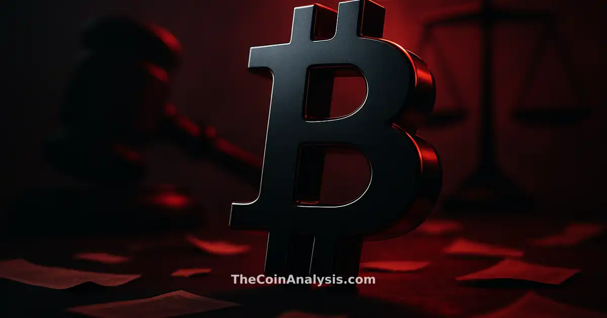 3D glossy Bitcoin symbol illuminated by dramatic low-angle light with abstract gavel and justice scales in background