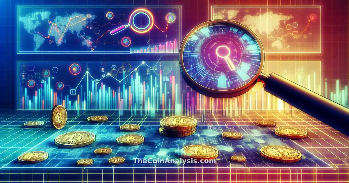 Digital illustration of cryptocurrency coins, stock charts, and magnifying glass highlighting data streams on gradient background