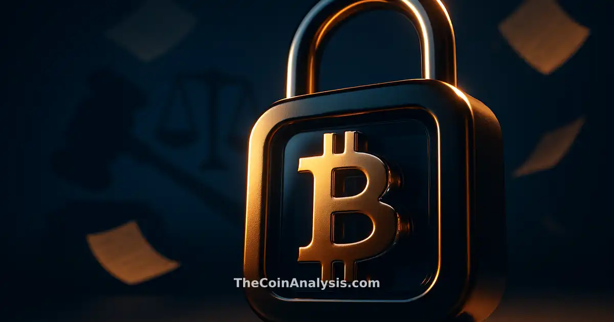 Large digital padlock enclosing a translucent crypto vault with abstract gavel and scales in dark tones
