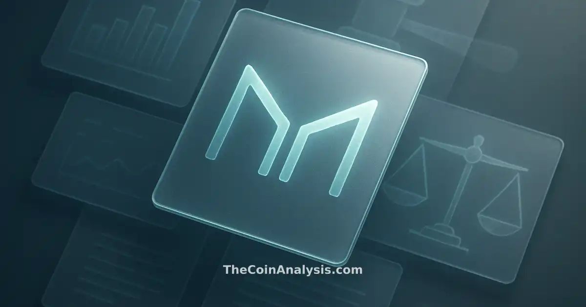 Isometric data visualization with frosted glass panels, holographic Maker symbol, abstract gavel, and scales of justice.