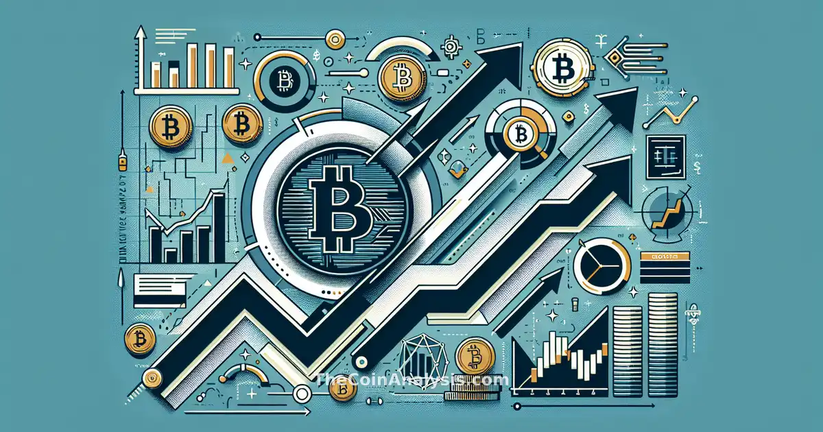 Digital infographic showing Bitcoin coin rising above dynamic charts, upward arrows, and financial data elements.