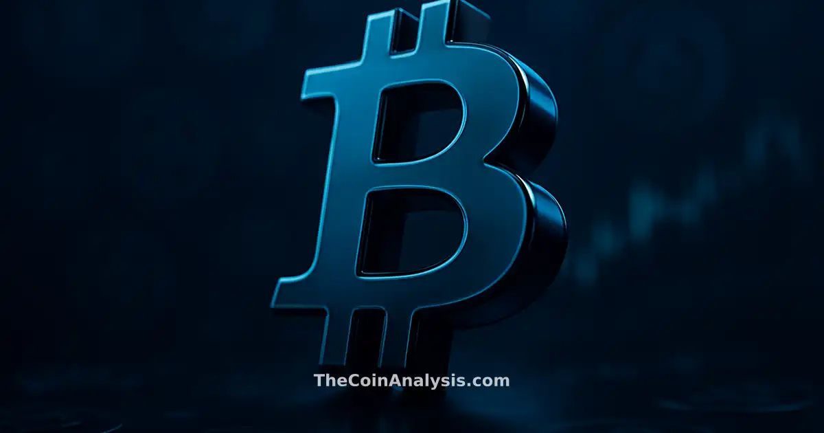 3D glossy Bitcoin symbol illuminated by sharp rim light, surrounded by abstract token glyphs and glowing market candles