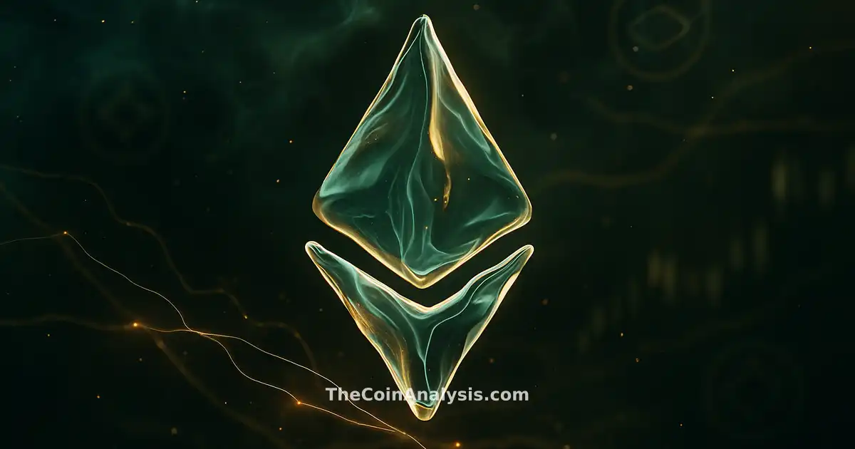 Stylized liquid Ethereum symbol glowing amid abstract token glyphs and faint market candles in green and gold tones