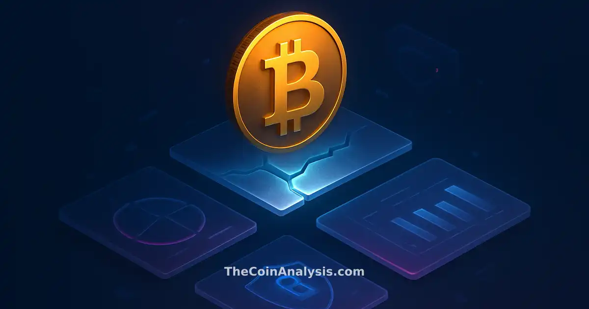 Luminous golden Bitcoin coin hovering above fractured frosted-glass panel with holographic data shards and navy backdrop