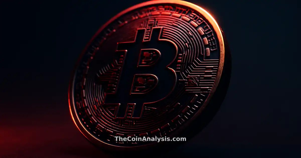 3D glossy Bitcoin coin with golden rim light against deep navy background, illuminated by dramatic low-angle lighting