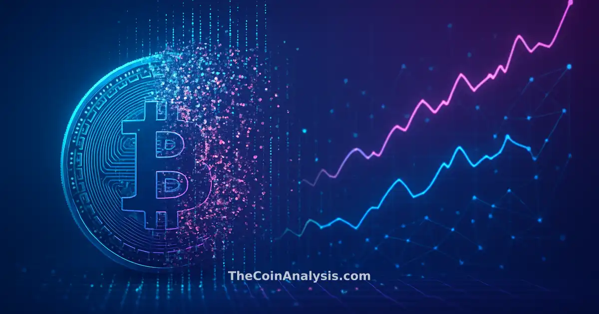 Abstract Bitcoin coin dissolving into data streams and glowing network nodes on a blue-purple tech gradient background