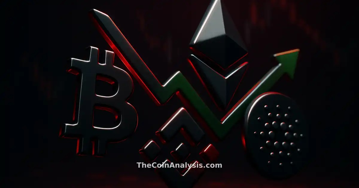 Four glossy 3D crypto tokens with green upward and red downward arrows on a dark, cinematic background