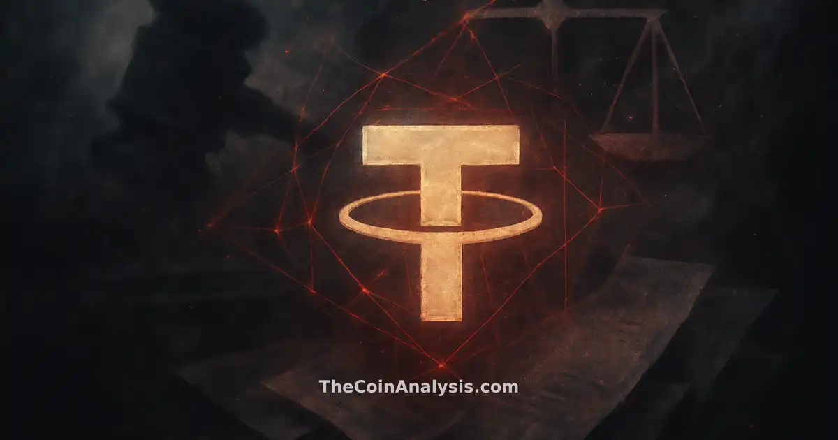 Stylized Tether symbol with abstract gavel, scales of justice, and fragmented documents in dark smoky fintech style