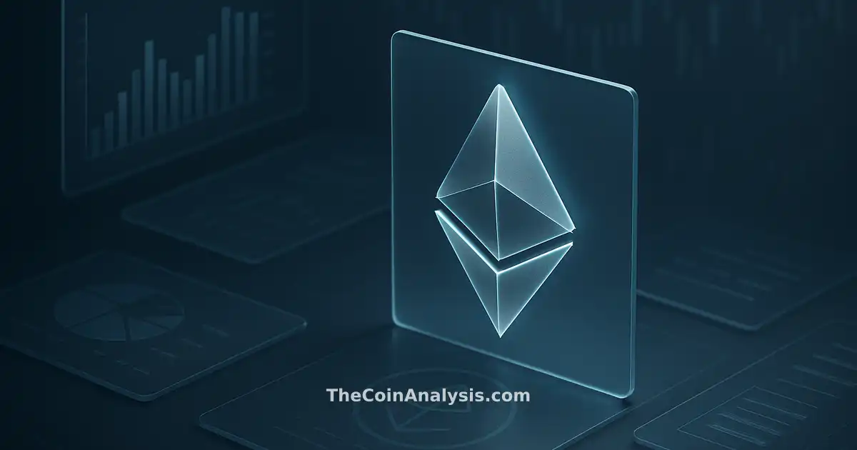 Isometric digital illustration of frosted glass Ethereum symbol with holographic glow over abstract market candles
