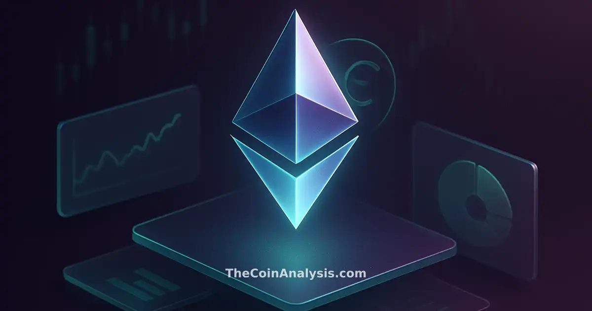 Isometric digital illustration of a glowing crystal Ethereum token with orbiting euro glyph and market candles.