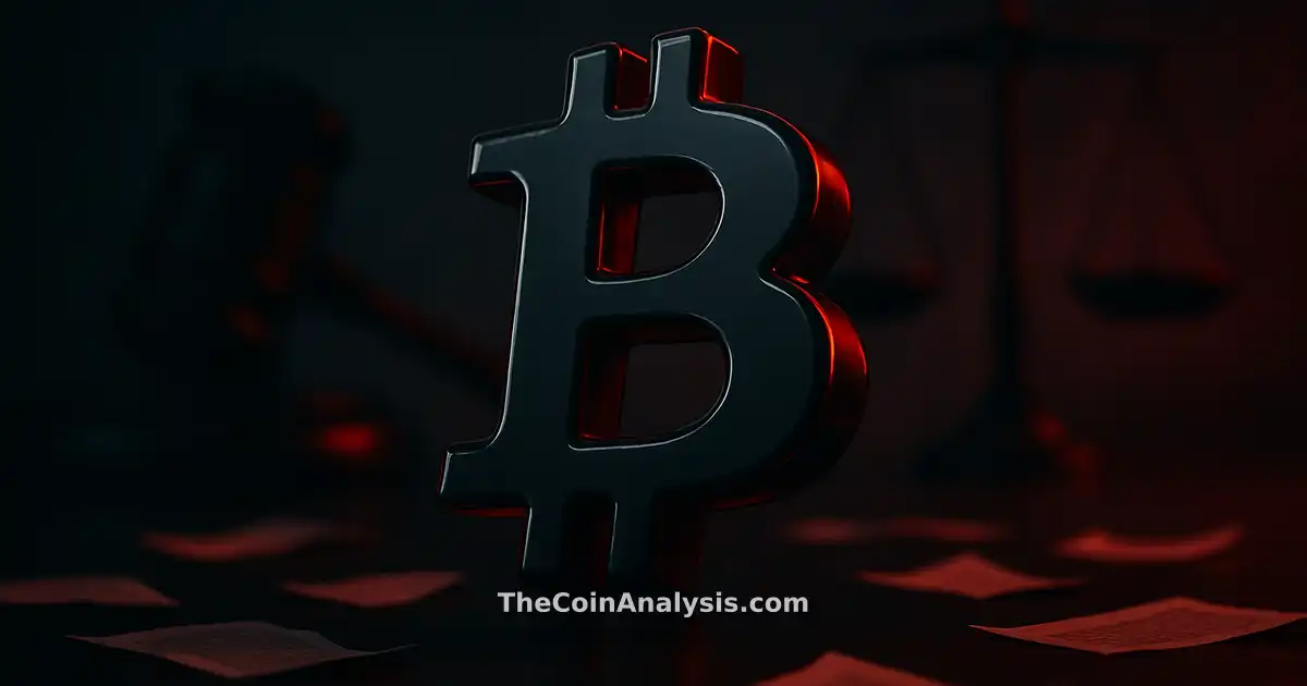 Glossy 3D Bitcoin symbol with abstract gavel and scales on dark background, scattered documents, dramatic lighting