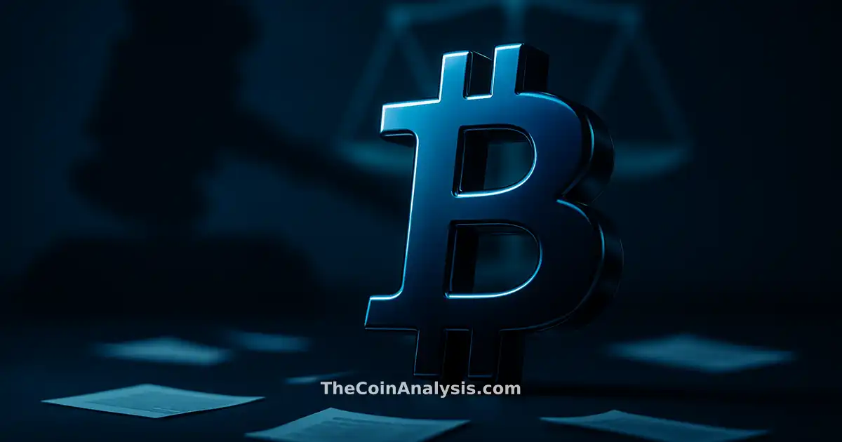 3D glossy Bitcoin symbol illuminated by sharp rim light with abstract gavel and justice scales in teal and navy tones
